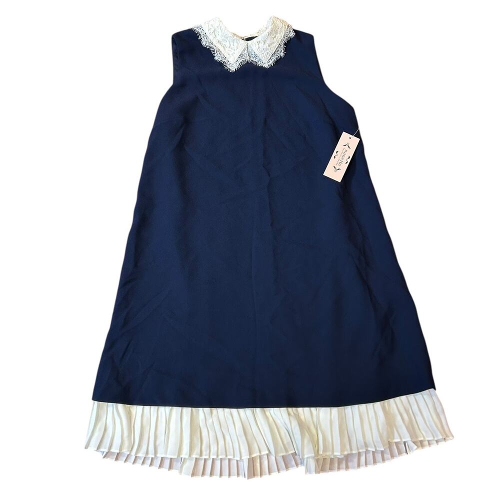 NWT NANETTE LEPORE Navy Cream Sleeveless Lace Collar Babydoll Shift Twee Dress 8 - Picture 2 of 10